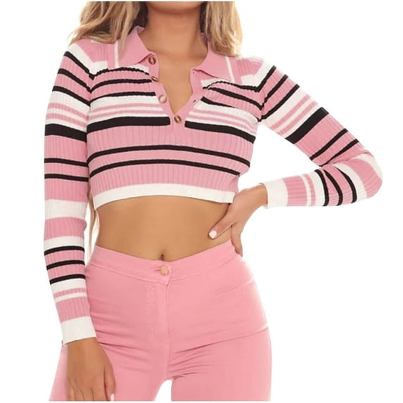 Olyvenn Stylish Striped Collared Sweaters for Women - Bodycon Crop Tops Chic and Comfortable Long Sleeves Spring Style Pink 12-14