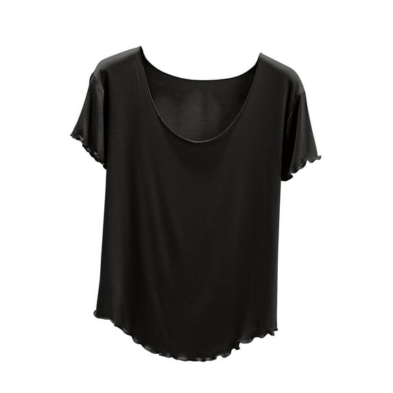 Olyvenn Deals Summer Casual Lace Short Sleeve Blouse for Women Modal Classic Fit Scoop Neck T-Shirt Solid Color Slim Basic Tees Tops Black 10