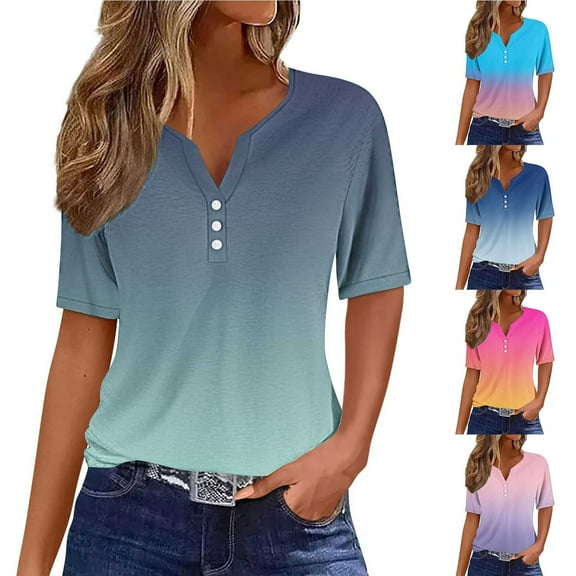 Olyvenn Stylish Summer Tops for Women Button V Neck Boho Short Sleeve Gradient Ribbed Shirts Casual Loose Comfy Tunic Trendy Pullover Army Green XXXL