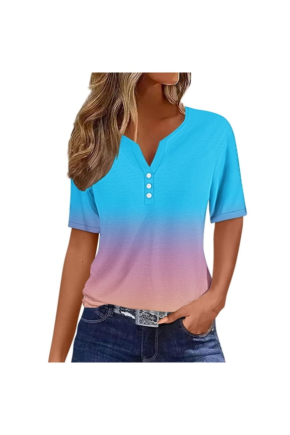 Stylish Summer Tops for Women Button V Neck Boho Short Sleeve Gradient Ribbed Shirts Casual Loose Comfy Tunic Trendy Pullover Sky Blue M