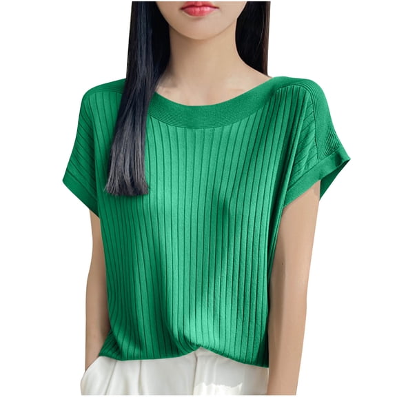 Olyvenn Stylish Summer Tops for Women Dressy Casual Knitted Blouse Lightweight Loose Crew Neck Short Sleeve Comfy Tee Shirts Green M