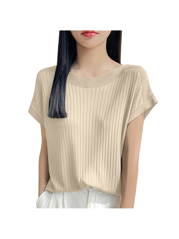 Stylish Summer Tops for Women Dressy Casual Knitted Blouse Lightweight Loose Crew Neck Short Sleeve Comfy Tee Shirts Khaki XL