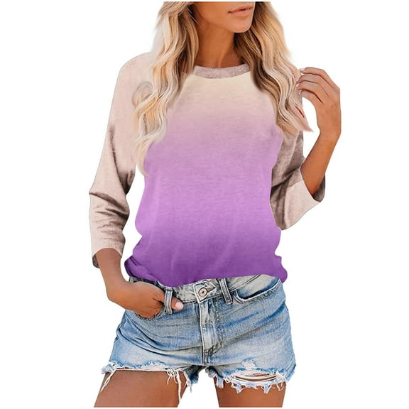 Olyvenn Stylish Summer Tops for Women Vacation 3/4 Length Sleeve Shirts Round Neck Loose Casual Blouses Stripe Tshirts Multicolor XXXL