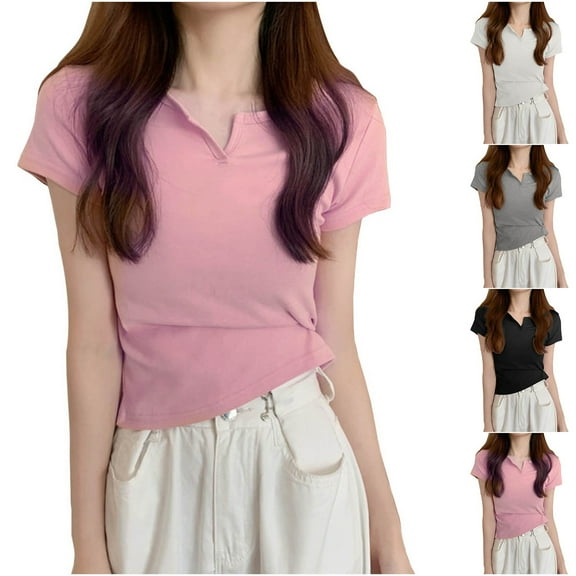 Olyvenn Stylish Summer Tops for Women Short Sleeve Solid Color Basic Tee Soft Lightweight V Neck Shirt Trendy Outfits Gray XXL