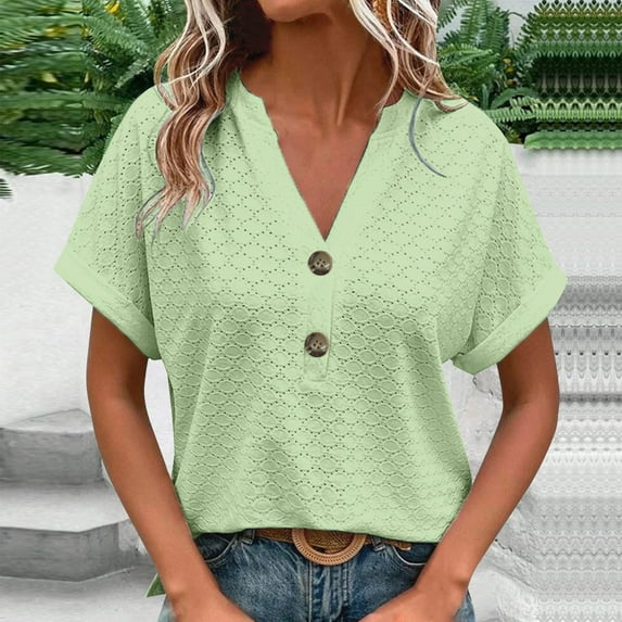 Olyvenn Stylish Summer Tops for Women Trendy Short Sleeve V Neck Eyelet Shirts Dressy Casual Loose Ladies Blouses Going Out Mint Green XXXXXL