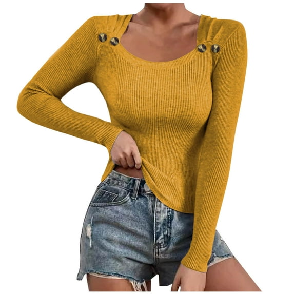Olyvenn Stylish Sweaters for Women Trendy Spring Tops Tunic Crewneck Pullover Slimming Fall Outfits Button Up Slimming Winter Clothes Yellow 6