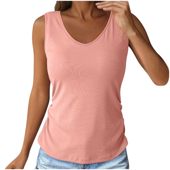 Olyvenn Stylish Tank Top with Built in Bra for Women Casual Summer Sleeveless Tops Slim Fitted V Neck Ruched Cami Shirts Pink S