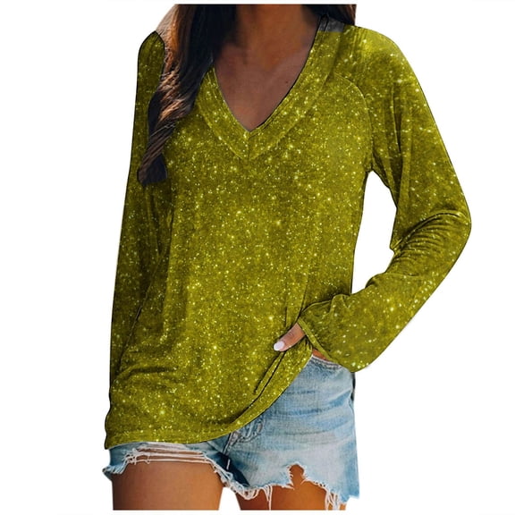 Olyvenn Stylish Trendy Tops for Women Sparkly Raglan Long Sleeve Shirts V Neck Loose Fit Tunic Pullovers Solid Plus Size Shiny Blouses Yellow 6