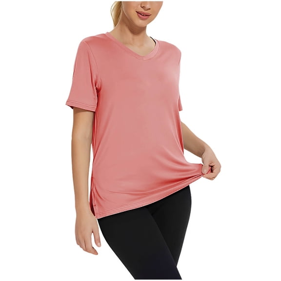Olyvenn Stylish V Neck T Shirts for Women - Soft Short Sleeve Basic Tees Comfyable Summer Loose Casual Trendy Tops Watermelon Red XL