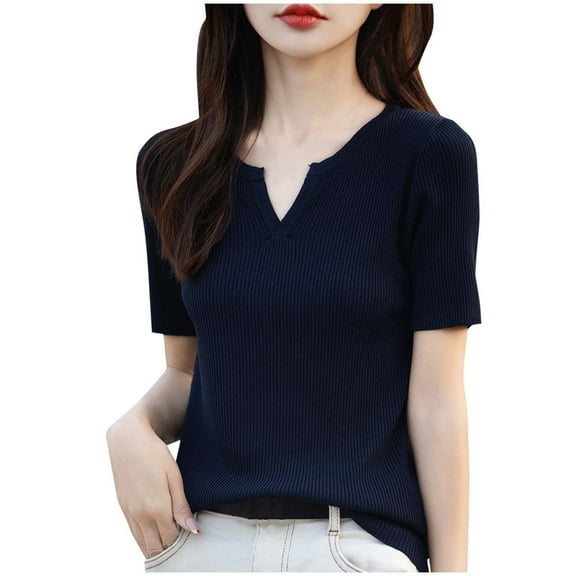 Olyvenn Stylish Waffle Knit Tops for Women V Neck Short Sleeve Solid Casual Shirts Loose Summer Tunic Sweater Tops Blouses Navy M