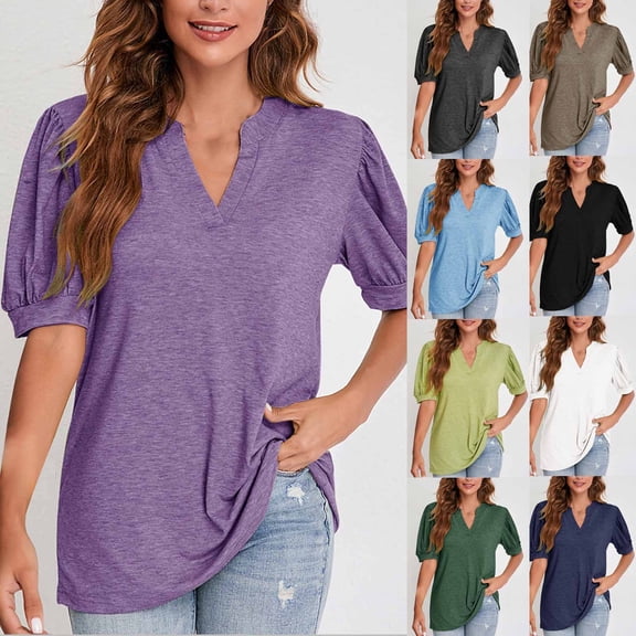 Olyvenn Stylish Women Casual V-Neck T-Shirts Loose Puff Short Sleeve Tops Tunic Blouses Solid Summer Dressy Shirts Army Green 6
