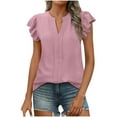 thumbnail image 1 of Olyvenn Stylish Women Dressy Casual Blouse Ruffle Short Sleeve V Neck Textured Shirts Summer Business Work Tops Pink L, 1 of 2
