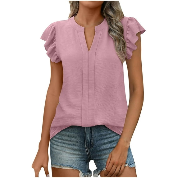 Olyvenn Stylish Women Dressy Casual Blouse Ruffle Short Sleeve V Neck Textured Shirts Summer Business Work Tops Pink L