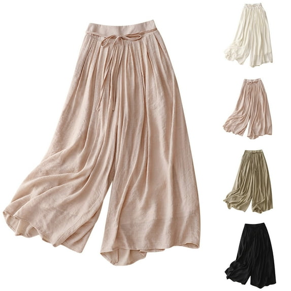Olyvenn Stylish Women Elastic Waist Pleated Wide Leg Pants With Lace Up Vintage Double Layer Lining Cropped Pants Loose Trousers Full Length Pants for Women Trendy Beige 6