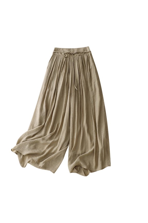 Stylish Women Elastic Waist Pleated Wide Leg Pants With Lace Up Vintage Double Layer Lining Cropped Pants Loose Trousers Full Length Pants for Women Trendy Khaki 6