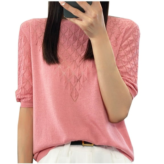 Olyvenn Stylish Women Hollow Ice Silk Knitted Short Sleeved T-Shirt Women's Loose Crew Neck Knitted Sweater Female Jumper Top Pink S