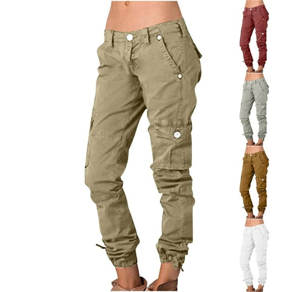Olyvenn Stylish Women Ladies Solid Pants Hippie Punk Trousers Streetwear Jogger Pocket Loose Overalls Long Pants Trendy Dressy Casual Full Length Pants for Women Brown 4