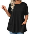 thumbnail image 1 of Olyvenn Stylish Women Plus Size Tops Short Sleeve Casual Shirts Crew Neck Summer Tunic Solid Loose Blouses with Pockets Black XXL, 1 of 7