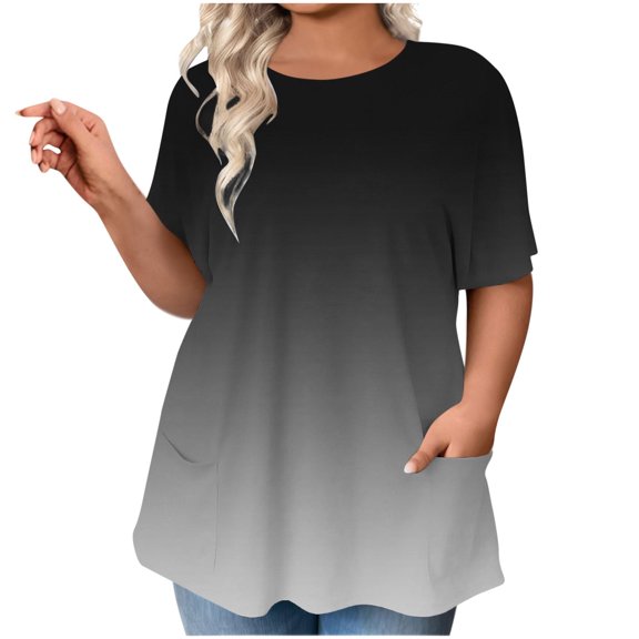 Olyvenn Stylish Women Plus Size Tunic Tops with Pockets Summer Short Sleeve Casual Shirts Solid Gradient Striped Crew Neck Blouses Black XXL