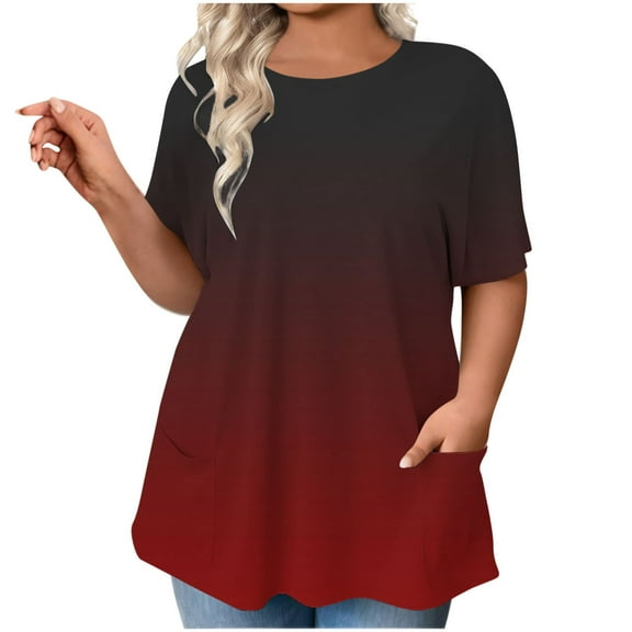 Olyvenn Stylish Women Plus Size Tunic Tops with Pockets Summer Short Sleeve Casual Shirts Solid Gradient Striped Crew Neck Blouses Wine XXL