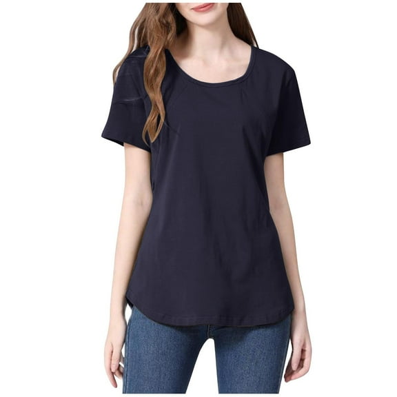 Olyvenn Stylish Women Short Sleeve Nursing Shirts Soft Maternity Tops Double Layer Breastfeeding Blouse Round Neck Pregnancy Clothes Dark Blue 6