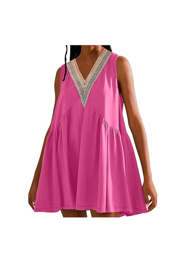 Olyvenn Fashion Women Summer V Neck Lace Trim Tank Dress Solid Loose Fit Ruffle A Line Swing Short Dresses Pink 6