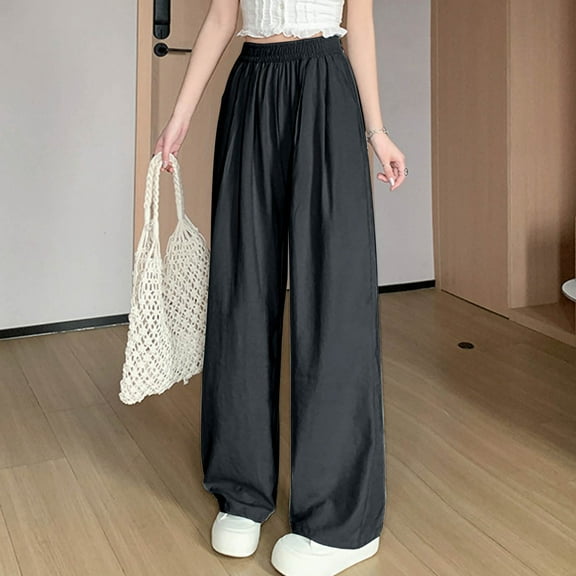 Olyvenn Stylish Women Sweet Silk Pants Baggy All-Match Elastic Waist Straight Leg Wide Leg Trousers Fall Thin Casual Comfy Long Pants Black M