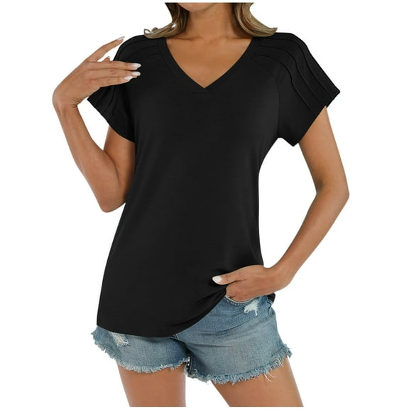 Olyvenn Stylish Women V Neck Pleated Short Sleeve Tops Summer Casual Tee Shirts Relaxed Basic Tunic Blouse Trendy Black XL