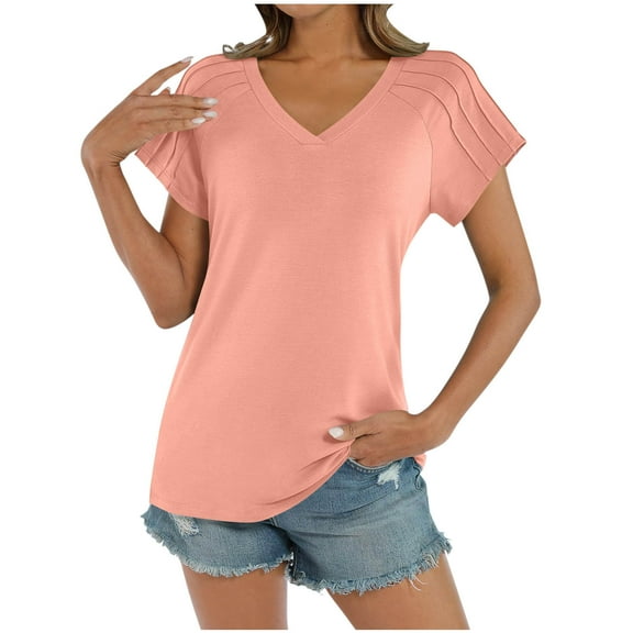 Olyvenn Stylish Women V Neck Pleated Short Sleeve Tops Summer Casual Tee Shirts Relaxed Basic Tunic Blouse Trendy Pink M