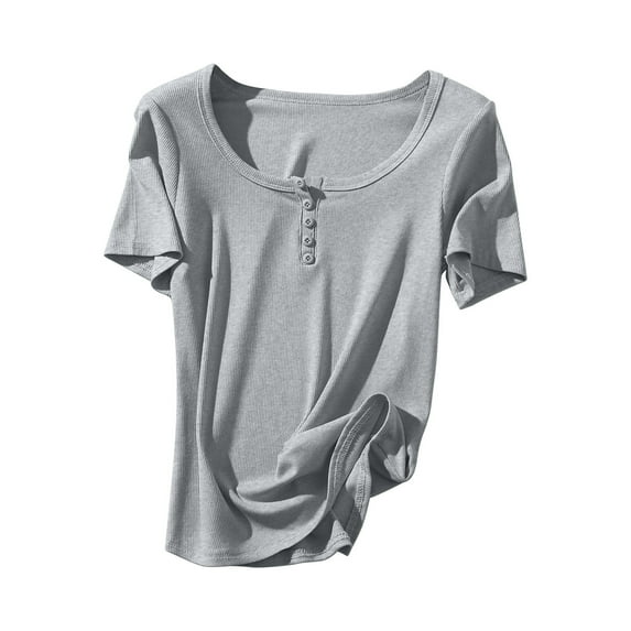Olyvenn Stylish Women's Summer Short Sleeve Tops Ribbed Knit Henley Button Up Slim Fit Basic Casual T Shirts Blouse Gray 12
