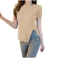 thumbnail image 1 of Olyvenn Stylish Women's Asymmetrical Split Hem T Shirt Short Sleeve Dressy Casual Tops Crewneck Ruched Side Tee Tops Khaki XXL, 1 of 3