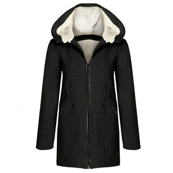 Olyvenn Stylish Women's Autumn And Winter New Large Coat Solid Color Plush Solid Color Hooded Cardigan Coat Women Cold Weather Thicken Furry Lined Thermal Down Jackets Black 18