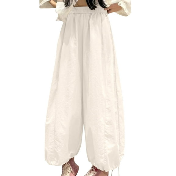 Olyvenn Stylish Women's Baggy Harem Pants Summer Casual Elastic High Waist Wide Leg Pant Beach Travel Vacation Clothes with Pockets White XL