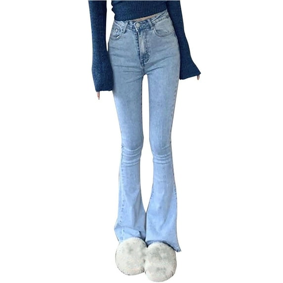 Olyvenn Stylish Women's Bell Bottom Jeans Low Waist Classic Stretch Flared Jeans Denim Bell Bottom Pants Solid Straight Fall Pants Blue XL