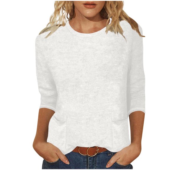 Olyvenn Stylish Women's Casual 3/4 Sleeve T-Shirts Round Neck Cute Tunic Tops Basic Tees Blouses Loose Fit Pullover White L