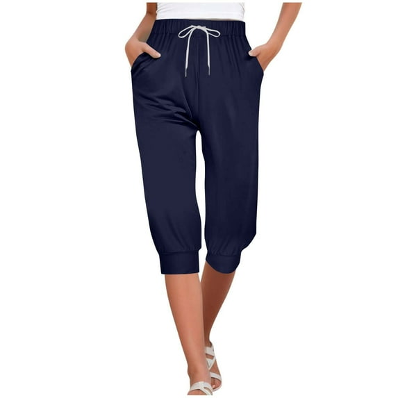 Olyvenn Stylish Women's Casual Elastic Waist Drawstring Pants Home Office Outdoor Stylish Ankle Trousers Slim Fit Cuffed Lounge Pants Dark Blue S