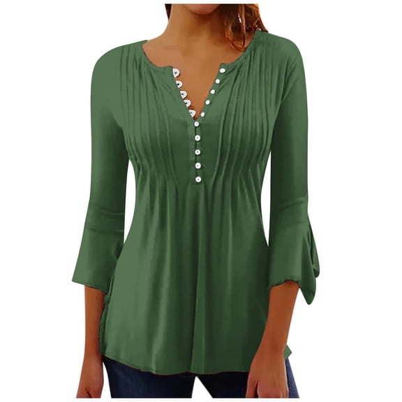 Olyvenn Stylish Women's Casual Long Sleeve Henley V-Neck Shirt Printed Pleated Tunics Or Tops to Wear with Leggings Army Green 4