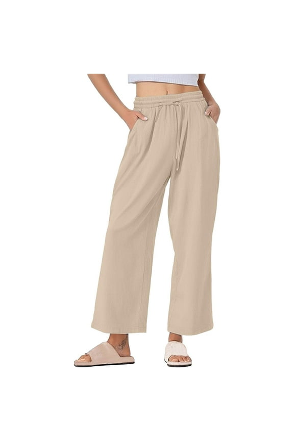 Stylish Women's Casual Pants Loose Fit Palazzo Pant Solid Elastic Waist Drawstring Tie Knot Trousers with Pockets Khaki S