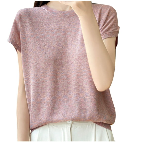 Olyvenn Stylish Women's Cotton Knit T-Shirt Crewneck Solid Color Summer Fashion Breathable Short Sleeve Loose Pullover Casual Tops Pink M