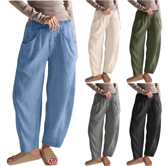 Olyvenn Stylish Women's Cotton Linen Harem Pants Work Casual Elastic Waist Pants with Pockets Lightweight Summer Beach Palazzo Gray XXL