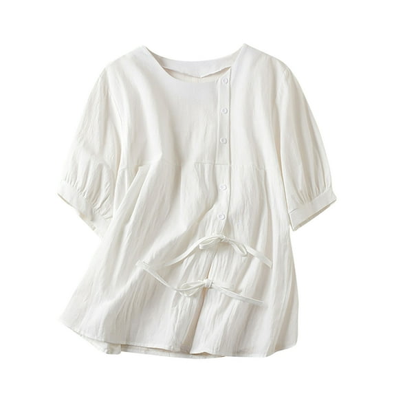 Olyvenn Stylish Women's Cotton Linen Peplum Tunic Shirts Puff Short Sleeve Babydoll Tops Casual Lace Up Button Down Blouse for Women White 12