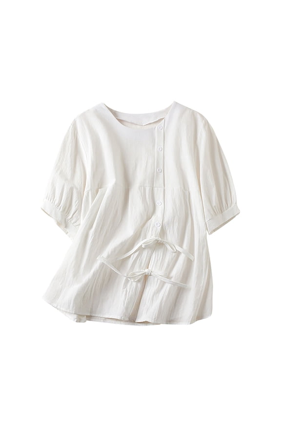 Stylish Women's Cotton Linen Peplum Tunic Shirts Puff Short Sleeve Babydoll Tops Casual Lace Up Button Down Blouse for Women White 12