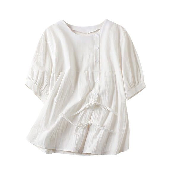 Olyvenn Stylish Women's Cotton Linen Peplum Tunic Shirts Puff Short Sleeve Babydoll Tops Casual Lace Up Button Down Blouse for Women White 12