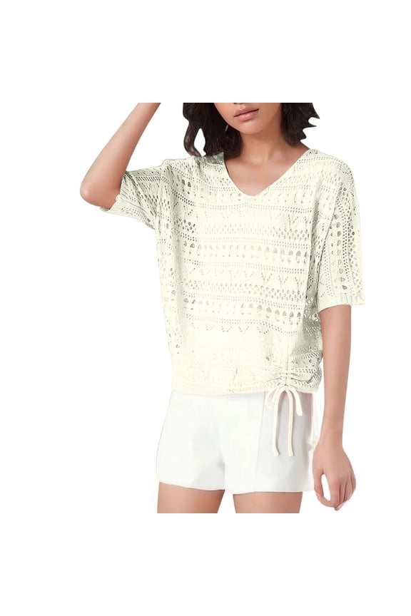 Stylish Women's Crochet Hook Hollow Out T Shirts V Neck Short Sleeve Pleated Tops Summer Comfy Breathable Beach Cover Ups White S