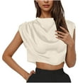 thumbnail image 1 of Olyvenn Stylish Women's Crop Tops Satin Ruched Blouses Mock Neck Summer Fashion Cap Sleeve Loose Elegant Shirts Work Office Tops White S, 1 of 6
