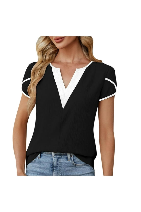Stylish Women's Dressy Casual Blouses Business Casual Work Top Color Block V Neck Cap Sleeve Shirts Summer Black M