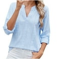 thumbnail image 1 of Olyvenn Stylish Women's Dressy Casual Tops 3/4 Sleeve V Neck Buttons Hollow Out Embroidered Blouses Fashion Loose Textured Shirts Sky Blue 8-10, 1 of 9