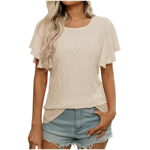 Olyvenn Stylish Women's Eyelet Knit Top, Ruffle Short Sleeve T-Shirt, Summer Fashion Crew Neck, Causal Summer Basic Tee Tops Beige XL