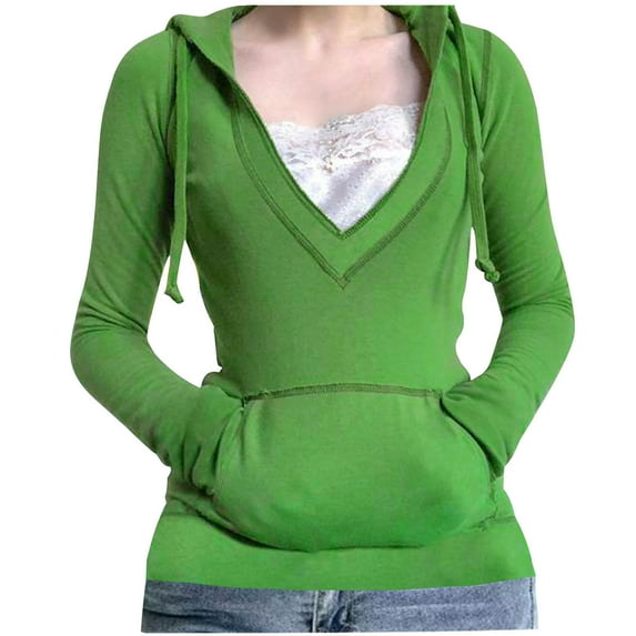 Olyvenn Stylish Women's Fashionable Casual Slim Fit Deep V Neck Drawstring Hoodie with Lace Patchwork Top T Shirt Woman Tee Green 4