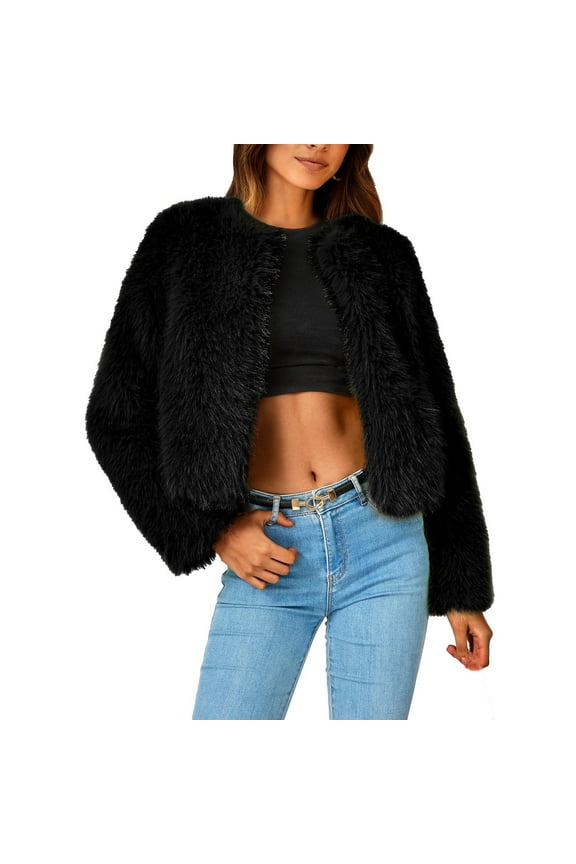 Stylish Women's Faux Fur Fuzzy Warm Winter Crop Coat Teddy Bear Outwear Fluffy Oversized Fluffy Jacket Black 8